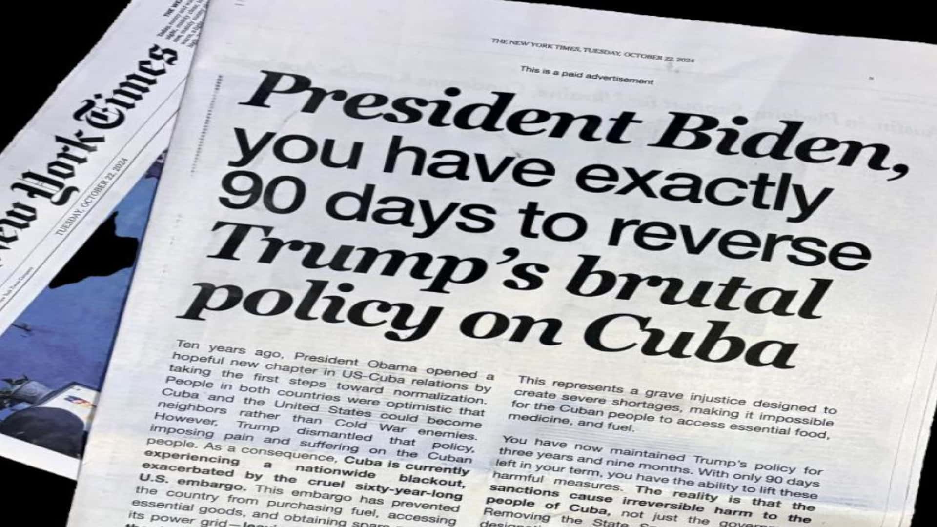 Publican carta abierta en el New York Times exigiendo a Biden revertir la política de Trump hacia Cuba 